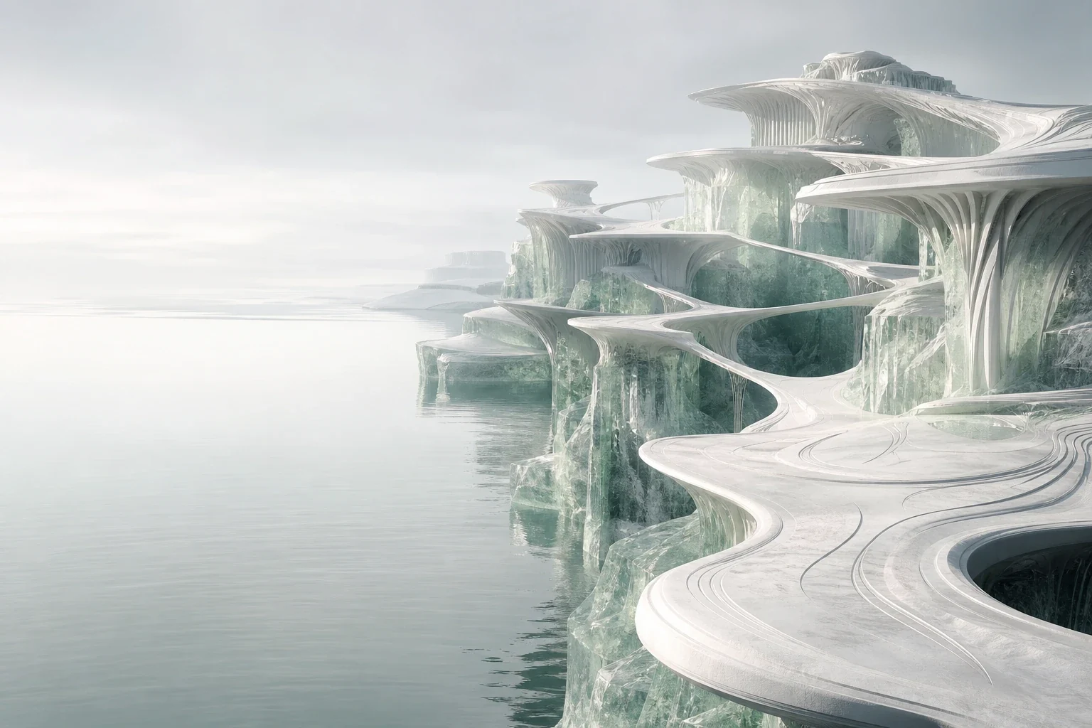 瓷白建筑与青碧水面相连的智能体共生空间概念视觉