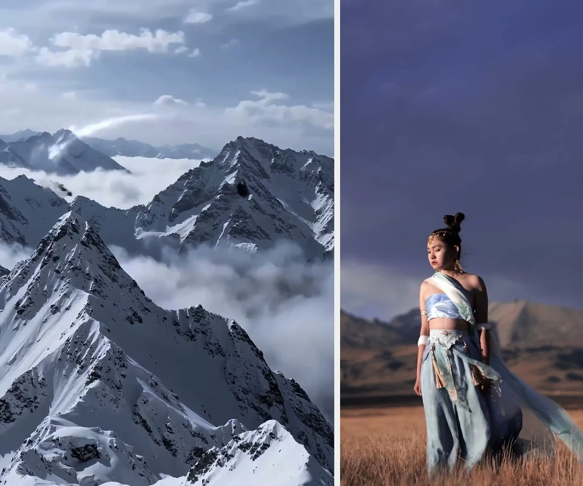 《化凡》两帧原片画面:云海中的雪山,以及高原草甸上的蓝衣人物