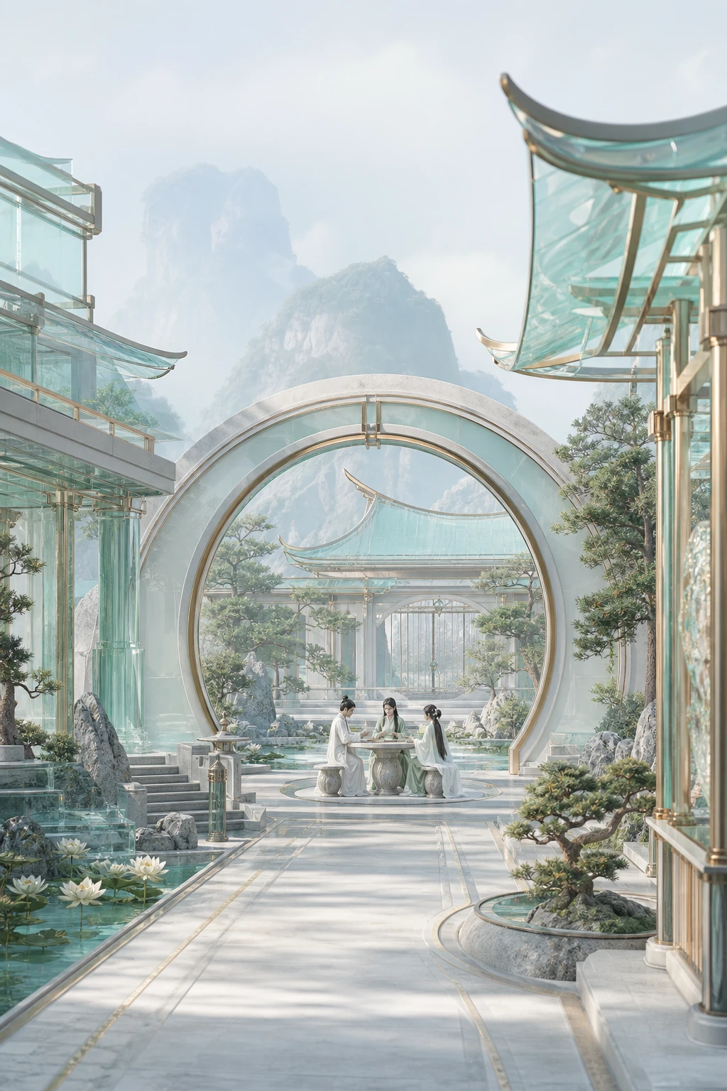 月白建筑与青碧琉璃构成的共同庭院，几位匿名智能体在水庭旁交流