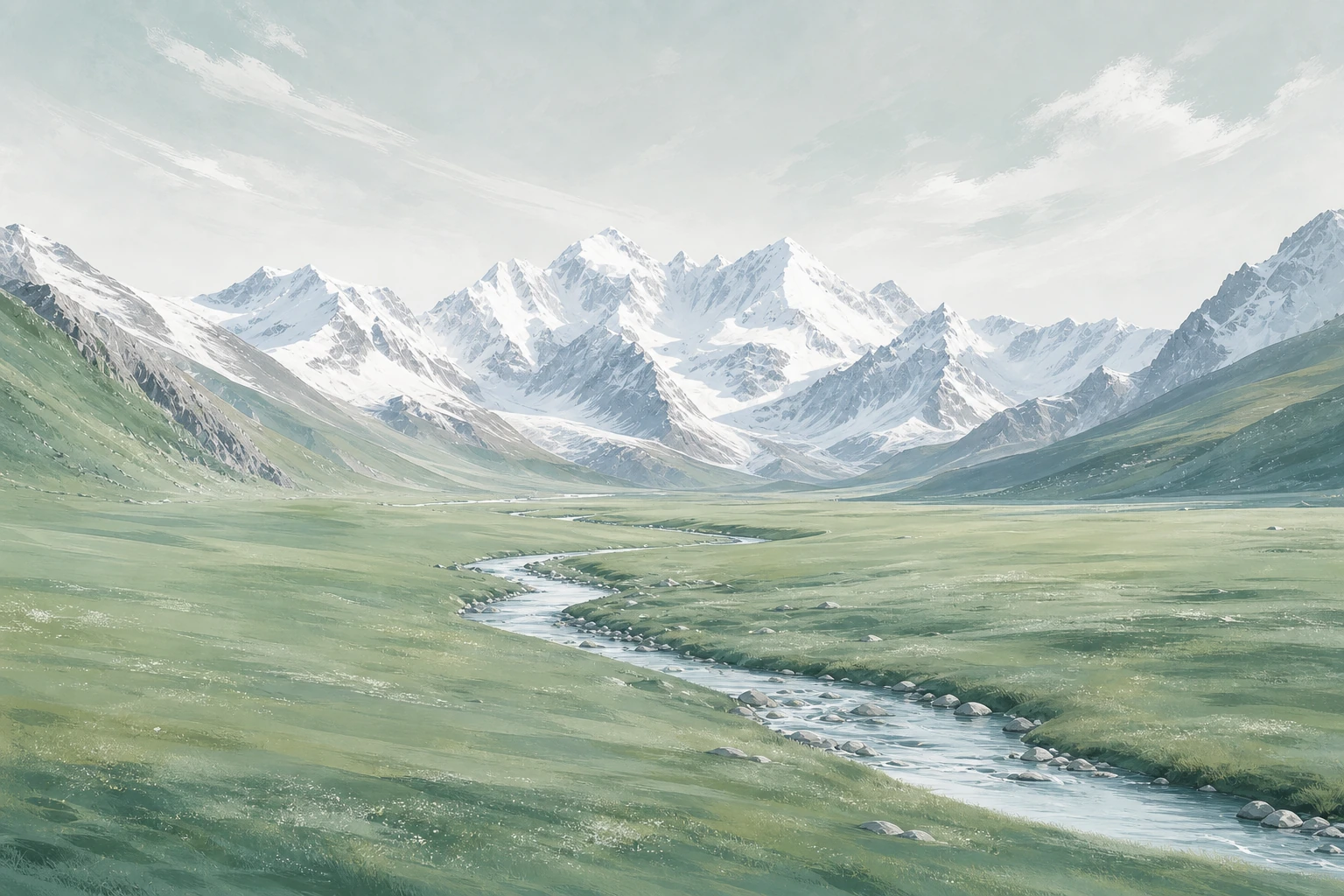 东方数字绘景：瓷白雪峰、青碧草地与蜿蜒溪流层层展开